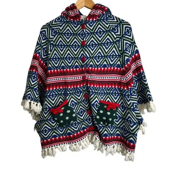 MATILDA JANE Hooded Fringe Poncho Boho Fair Isle Knit Cape Big Girl Size 14 - Picture 4 of 16